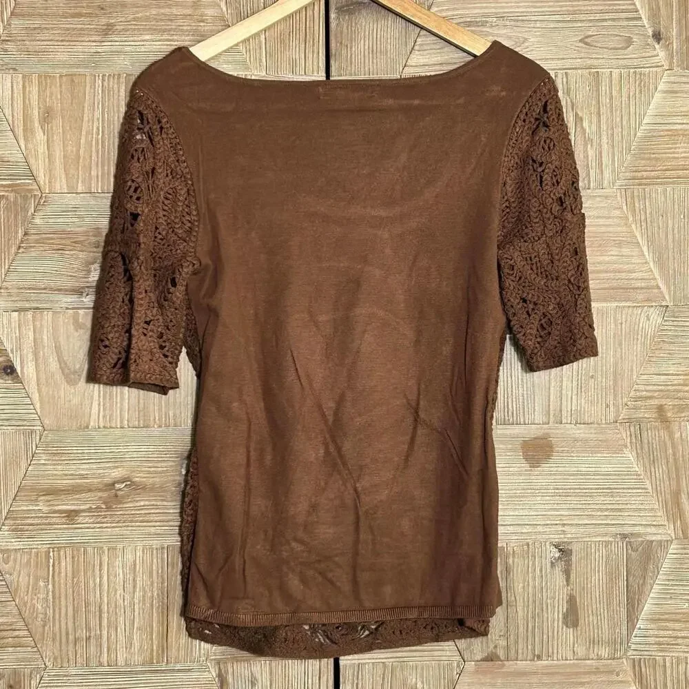 INC Brown Textured Crochet Knit Top Earthy Boho Whimsigoth Style - Size S